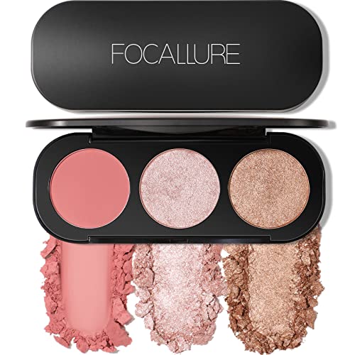 FOCALLURE Blush and Highlighter Palette,3 in 1 Makeup Powder Palette