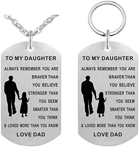 Pendant Necklace &amp; Keychain Set - Gifts for Son Daughter Grandson Granddaughter Friend Boys Girls, Jewelry Military Stainless Dog Tag Necklace (Dad To Daughter (Braver Stronger Smarter))