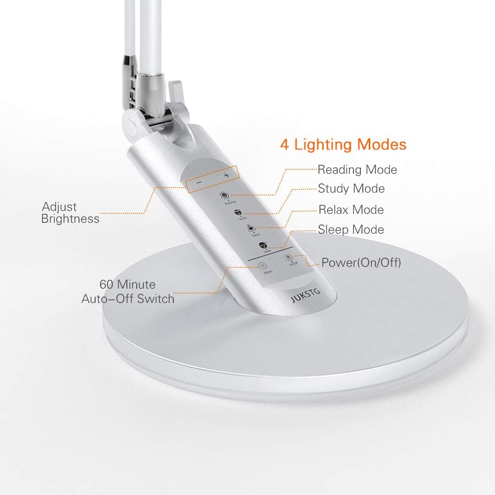 Desk Lamp, JUKSTG 36pcs LEDs 14W 7 Dimming Levels Table Lamps with 4 Lighting Modes, Folding Led Desk Lamps, 1-Hour Auto Timer, USB Charging Port, Touch-Sensitive Control, 5V Reading Lamps, Silver: Home Improvement