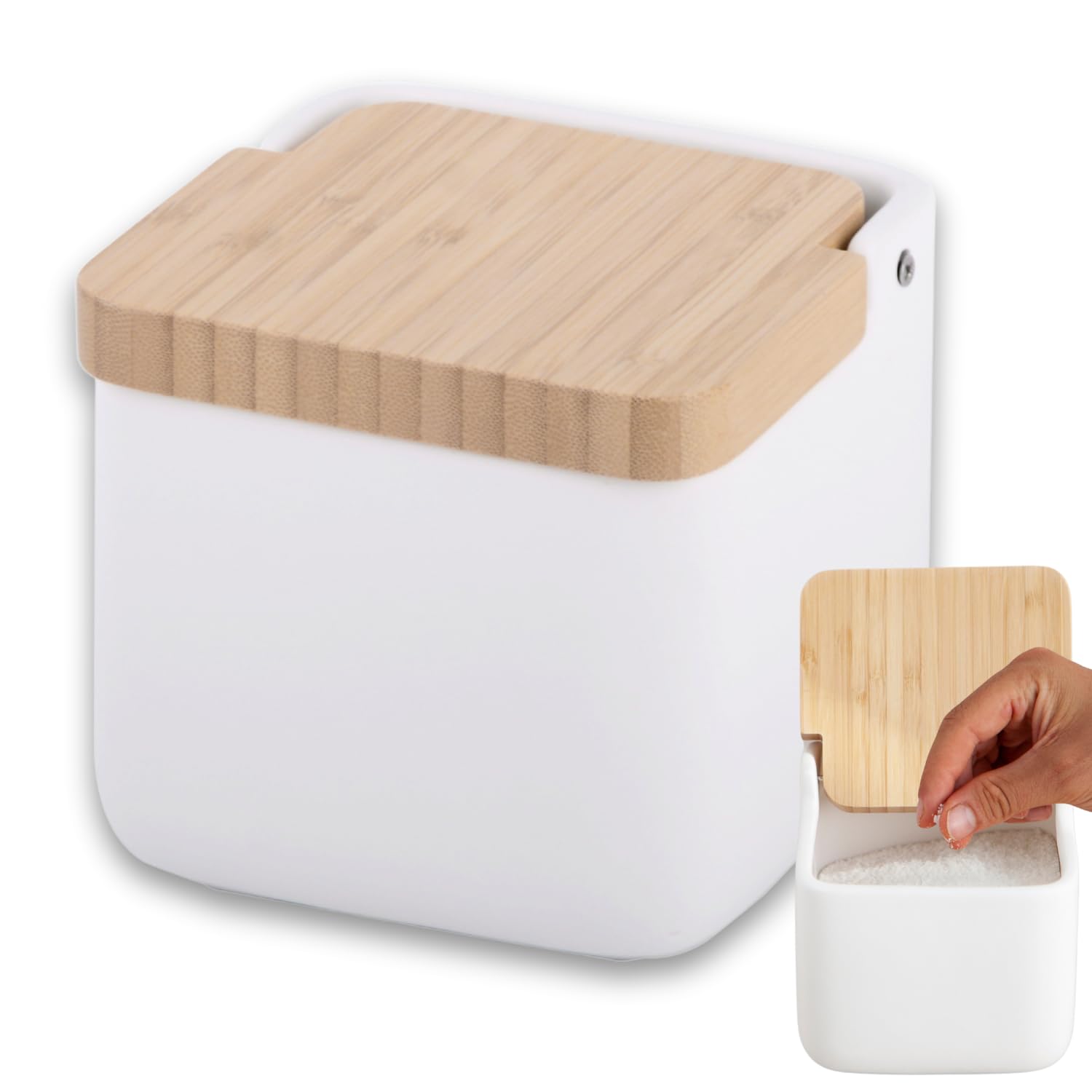 KOOK TIME Ceramic Salt Cellar with Bamboo Swivel Lid | Modern Kitchen Storage Pot for Salt, Spices or Sugar | 11.5 cm White Shiny Finish — image 1