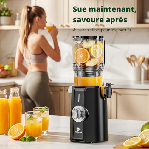 LINKChef Fruit and Vegetable Juicer, Slow Juicer 200 W with Large Opening 115 mm for Whole Fruits, Compact Juice Machine, BPA-Free, Easy to Install and Clean, with 2 Glasses
