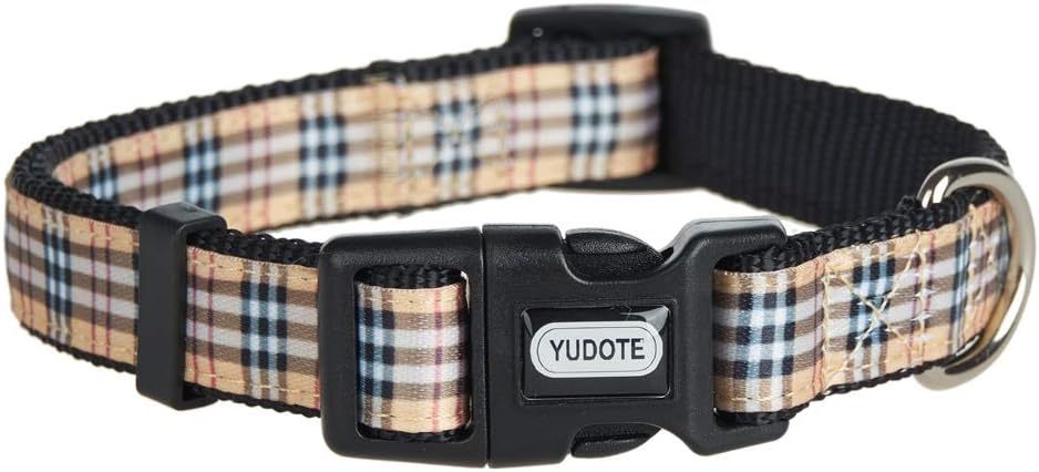 YUDOTE Adjustable Black Nylon Dog Collars Medium with Tartan Plaid Begie Ribbon for Dogs Neck 31-49cm