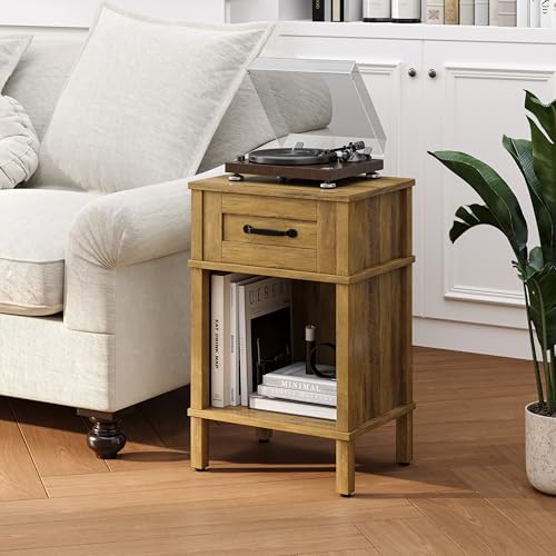 YAUKTAK Wooden Bedside Table Side Table with Drawers Open Compartment Modern Minimalist Bedside Table Bedroom Living Room Rustic Brown LET512DR