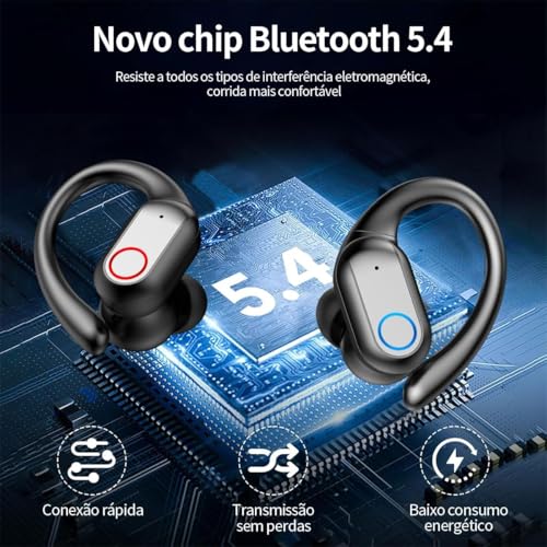 Fones de Ouvido Bluetooth Sem Fio, Esportivo c/ 80h de Reprodução com LED Display e com Gancho Anti Quedas, IPX7 à Prova d'Água, Graves Profundos, Compatível com iOS e Android - Esportes/Treino