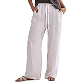 Amazhiyu Women's 100% Linen Striped Drawstring Elastic Waist Wide Leg Pants