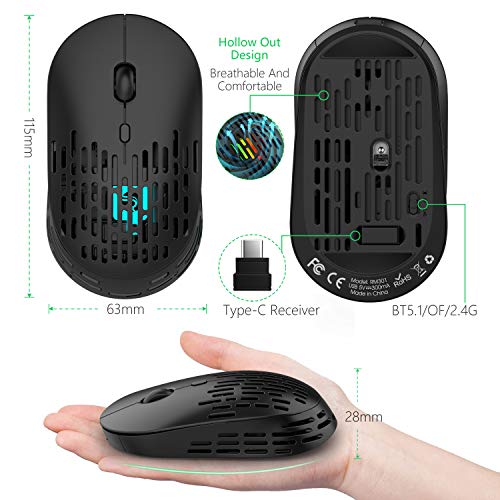 Type C Wireless Bluetooth Mouse, RAPIQUE Dual Mode Rechargeable Silent Cordless Bluetooth Mice with 2.4G Type C Receiver for Laptop,MacBook air/pro,iPad pro,Computer and All Type-C Device (Black)