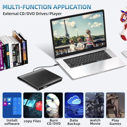 Ziweo External CD DVD Drive, Portable USB 3.0 Type-C CD Burner CD +/-RW Drive DVD Player for ROM Rewriter Burner Compatible with Laptop Desktop PC Windows MacBook Linux Mac OS