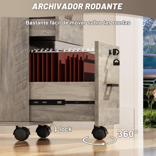 Archivador con 2 Cajones, Archivero con 5 Ruedas para Archivos A4 Tamaño Carta, Archivero Organizador Debajo del Escritorio para Oficina en Casa, Archiveros con Cerradura con Soporte para Impresora