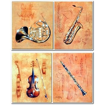 Jazz Musical Instrument - French Horn, Saxophone, Clarinet and Violin Fine Art Four Set Wall Decor Art Print Poster (8x10)