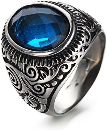 Coniea Mens Ring Vintage Rings for Men Stainless Steel Carved Sapphire Blue Size N 1/2-Z 1/2