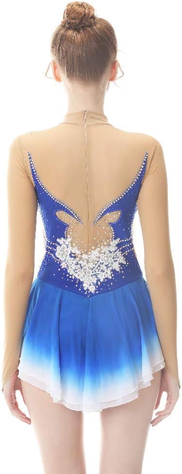 Ice Skating Dress For Girls And Women Handmade Roller Skating Dress Figure Skating Competition Professional Costume With Crystals Long Sleeved Leotard Blue,Blue-XXL