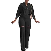 Ophestin Women 2 Piece Outfits Dressy Batwing Sleeve Button Down Crop Top Cut Out Wide Leg Pant Matching Tracksuit Sets