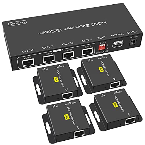 VEDINDUST HDMI Splitter Extender 1 in 4 Out 50m, Over Cat5e 6 7 Ethernet Transmitter Receiver Support EDID Presets 1080p POC Only Need TX Power Supply for Work