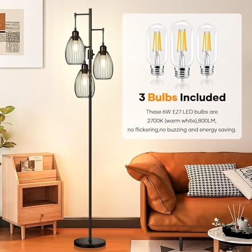 WAMBORY Dimmable Floor Lamp, 3 x 6W LED Bulbs Included, Farmhouse Industrial Floor Lamp with Rotary Switch, Vintage Tree Lamp with Elegant Teardrop Cage, Tall Standing Lamps for Living Room Bedroom