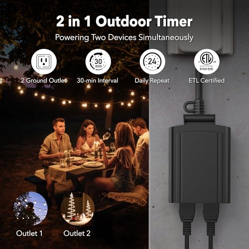BN-LINK 24 Hour Heavy Duty Mechanical Timer, Outdoor Timer Outlet Waterproof with 30 Minutes Intervals, 2 Grounded Outlets for Christmas Lights Pool Pump,15A 1/2HP, ETL Listed