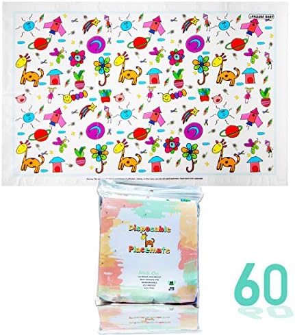 Disposable Placemats For Children Baby Toddlers Kids by Palluat | Extra Sticky Strips, Table Top, Restaurants | Enjoy Meals, No Cleaning - Ecofriendly 18"x12" - 60 Count Individually Folded