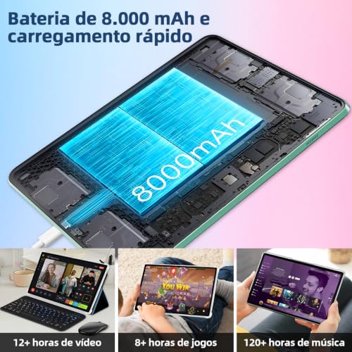 Xixaomiro Tablet Android 15 Pad 10.1", Câmera 13MP + 5MP, Bateria 8000mAh – Kit Completo com Caneta, Mouse, Teclado e Capa, Adequado para Estudo, Trabalho e Lazer (Verde)