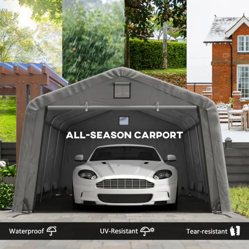 Outsunny 12 x 20 ft Heavy Duty Carport, Outdoor Portable Garage Canopy Tent with 2 Ventilation Windows, Large Door, Car Shed Shelter for Truck, Boat, Motorcycle, Bike, Light Grey