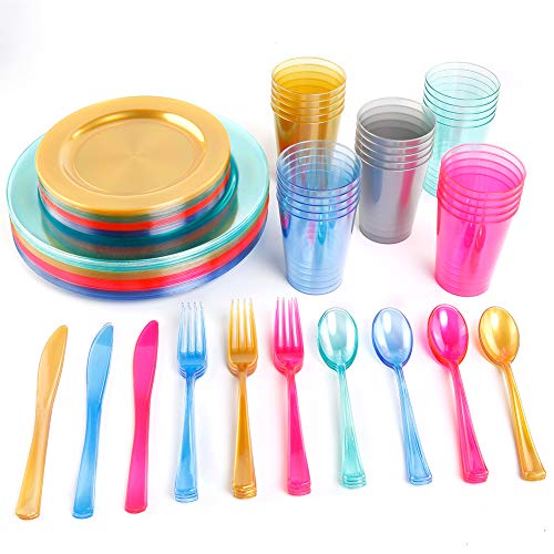 WDF 25 Guest Blue Plates with Disposable Plastic Silverware&Blue Cups