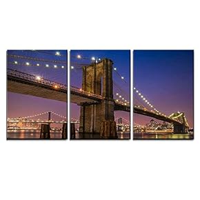 3 Piece Canvas Wall Art - Brooklyn Bridge at Twilight in New York City - Modern Home Art Stretched and Framed Ready to Hang - 16"x24"x3 Panels