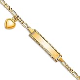 JewelryWeb 14k Yellow Gold Dangle Polished Figaro Dangling Love Heart ID Bracelet Lobster Claw 5mm Wide Identification Bracelet