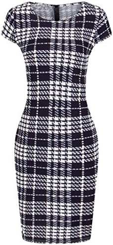 AKENA Women's Elegant Slim Club Business Fitted Plaid Bodycon Midi Cocktail Pencil Dress