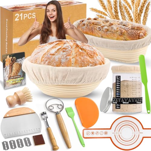 RIZENCE 21PCS Sourdough Starter Kit - Banneton Bread Proofing Basket Set, 9" Round & 10" Oval Proving Basket - 100% Natural Rattan - Complete Bread Making Accessories with Glass Sourdough Starter Jar