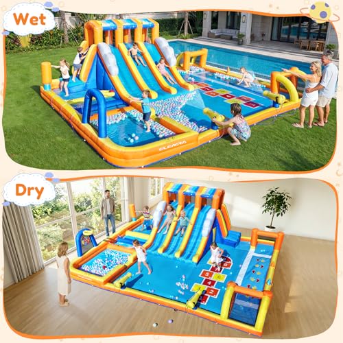 ELEMARA 12-in-1 Inflatable Water Slide Park for Big Kids, 20.07x15.91FT Bouncer with 3 Long Slides, Climbing Wall, Digital Springboard & Splash Pool, Includes 950W Air Blower