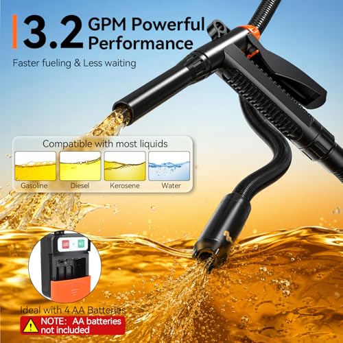 Preciva Electric Fuel Pump, 3.2 GPM Electric Petrol Pump with 3 Adapters (4.6/5.0/7.0 cm) and Fine Inlet Hose, Portable Battery Operated Ideal for Oil, Diesel, Petrol, Water