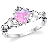 Sterling Silver 925 Irish Claddagh Friendship & Love Ring with Pink Simulated Opal Heart