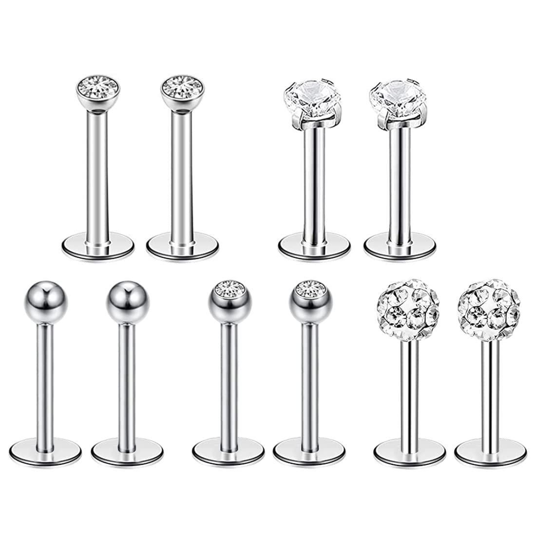 Liuxn No. 16 stainless steel nose studs in 5 styles, tragus, ear studs, pen, crystal ball, nib, 5 pairs
