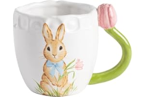 Mud Pie Stoneware Easter Bunny Mug with Figural Pink Tulip Handle