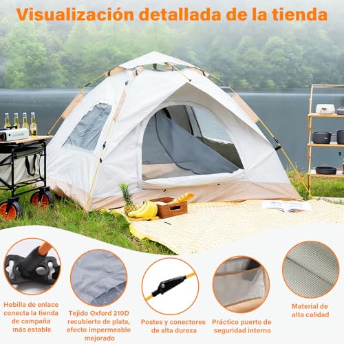 lemonsea Casa de Campaña 4 Personas, Tienda de Campaña Impermeable Ligera, Montaje Rápido Automática con 2 Puertas Ventiladas e Incluye Bolsa Transporte para Camping, Enderismo y Picnic (Blanco Roto)