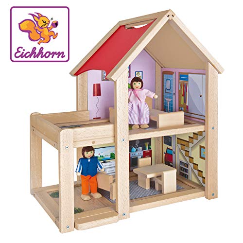Eichhorn 100002501 - Puppenhaus fertig montiert inklusive 2 Puppen und Möbeln, 9-tlg., 22,5x36x41cm, Buchenholz