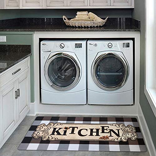 USTIDE Farmhouse Buffalo Plaid Kitchen Rug, Mocha/White Checkered