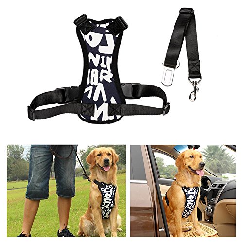 Dog Safety Vest Harness Sturdy Oxford Fabric Harnesses Travel Dog Vest with Car Seat Belt Lead Clip, Fit for Large 55-88 Pounds Dog Which Neck Girth 19-26 inch, Chest Girth 23-35 inch