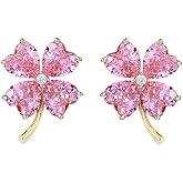 Crystal Heart Clover Leaf Stud Earrings for Women Girls 925 Sterling Silver Post Pin Hypoallergenic Luck 4-Leaf Flower Small Studs Earring Fashion St.Patrick's Mother's Day Birthday Jewelry Cute Gifts