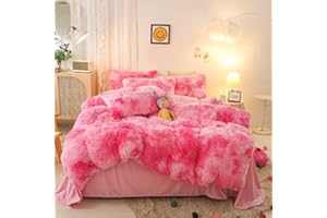 Jameswish Shaggy Plush Duvet Cover Set Super Soft Fluffy Faux Fur Comforter Cover Set Luxury Fuzzy Bedding Set 3 Piece(1Duvet Cover+2Pillowcases) with Zipper Closure(Full Size,Pink White Ombre)