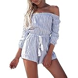 Casual Off Shoulder Striped Short Rompers and Jumpsuits for Women(S, Blue)