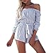 Sunm boutique Casual Off Shoulder Striped Short Rompers and Jumpsuits For Women(S, Blue)