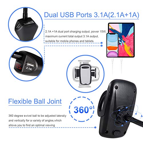 Car Phone Mount, Amoner 4 in 1 Phone Holder for Car, Cigarette Lighter Phone Car Mount with Long Gooseneck and Dual Port USB Charger Compatible 11 Pro 11 Xs Max Xs 8, Galaxy S9 S8, Mate20 P30 and More