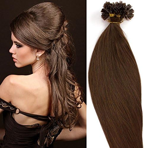 S-noilite 20" 100 Strands Straight Pre Bonded U Tip Remy Human Hair 0.5g/strand 50grams/pack Keratin Fusion Hair Extensions for Women Nail Tips Hair Piece #4 Medium Brown