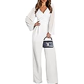Pink Queen Women Formal Jumpsuits Long Sleeve V Neck 2025 Business Casual Outfits Wedding Romper Wide Leg White L