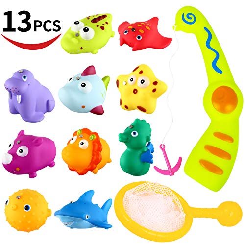 Bath Toy,13 Pcs Magnetic Fishing Game and Floating Squirt Water Toys with Organizer Bag for Boys Girls, Education Toy for Children, Toddlers, Kids Bathroom Bathtub Bathtime Swimming Pool Party Favors