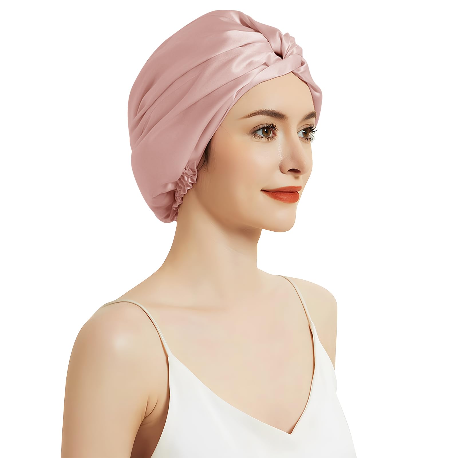 SILKTALE 100% Mulberry Silk Bonnet for Sleeping Sleep Cap for Women/Men,Double Layer 19 Momme Grade 6a Turban for Curly Hair, Pink