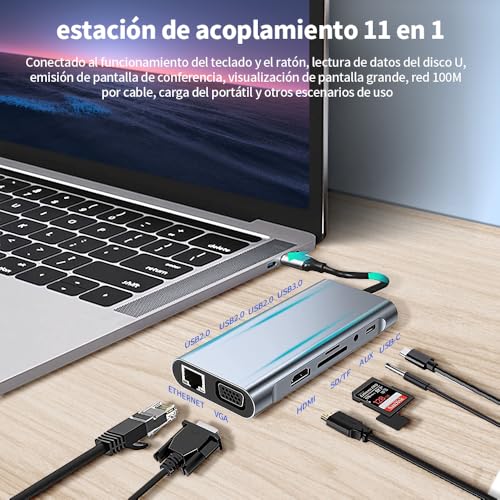 vantisan HUB USB C,11 en 1 Adaptador Tipo C,Multipuerto Hub Tipo C con HDMI 4K@30Hz, 100M Ethernet,1USB 3.0,3USB 2.0,Puerto VGA,Carga PD 100W,Lector de Tarjetas SD/TF y Conector de Audio de 3,5 mm