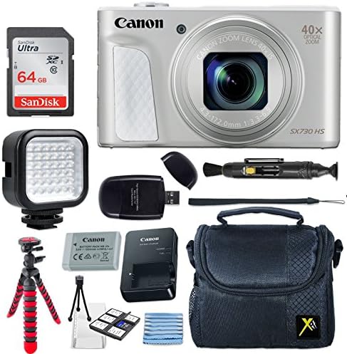 Canon PowerShot SX730 HS 20.3MP Digital Camera (Silver) + 64GB Memory Card + Camera Case + Flexible Tripod + LED Video Light + USB Card Reader + Lens Cleaning Pen + Cleaning Kit + Accessories Bundle