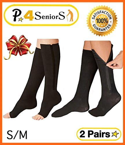 Presadee Seniors 15-20 mmHg and 20-30 mmHg Zipper Compression Easy Zip up Socks Swelling Calf Leg Day and Night 2 Pack (S/M, Black)