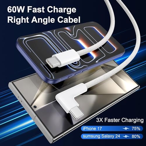 USB C auf USB C Kabel [2 Stück 2M], 60W USB C Kabel 90 Grad Winkel Ladekabel USB C Schnellladekabel Nylon USB C Ladekabel für Samsung S24/S23/S22, iPhone 16/15/14 Pro Max
