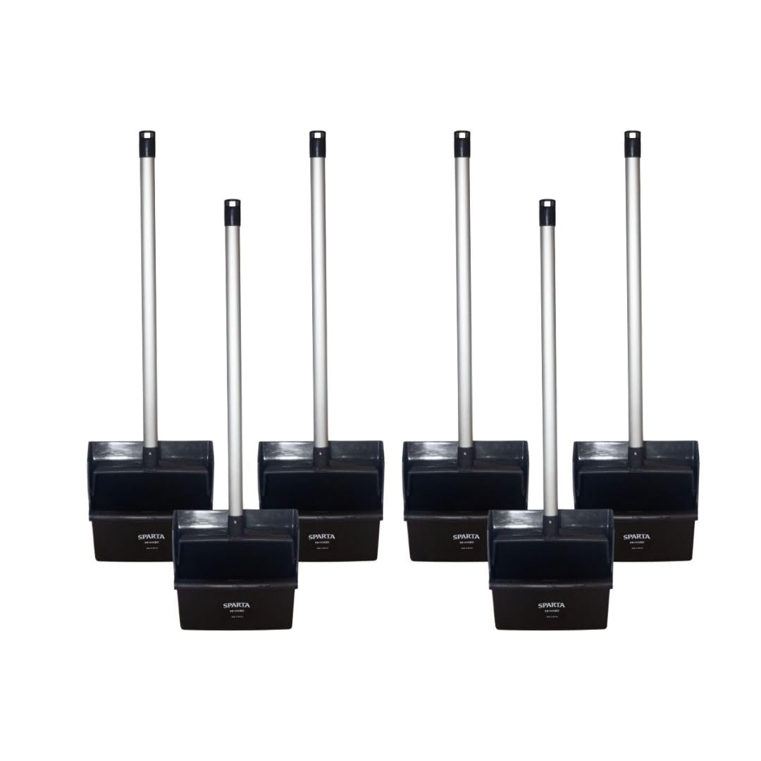 SPARTA Upright Dustpan with Aluminum Handle, Serrated Edge for Broom Combing, Secure Yoke Lock with Easy Storage Hanging Hole for Commercial Cleaning, Plastic, 30 Inches, Black, (Pack of 6)